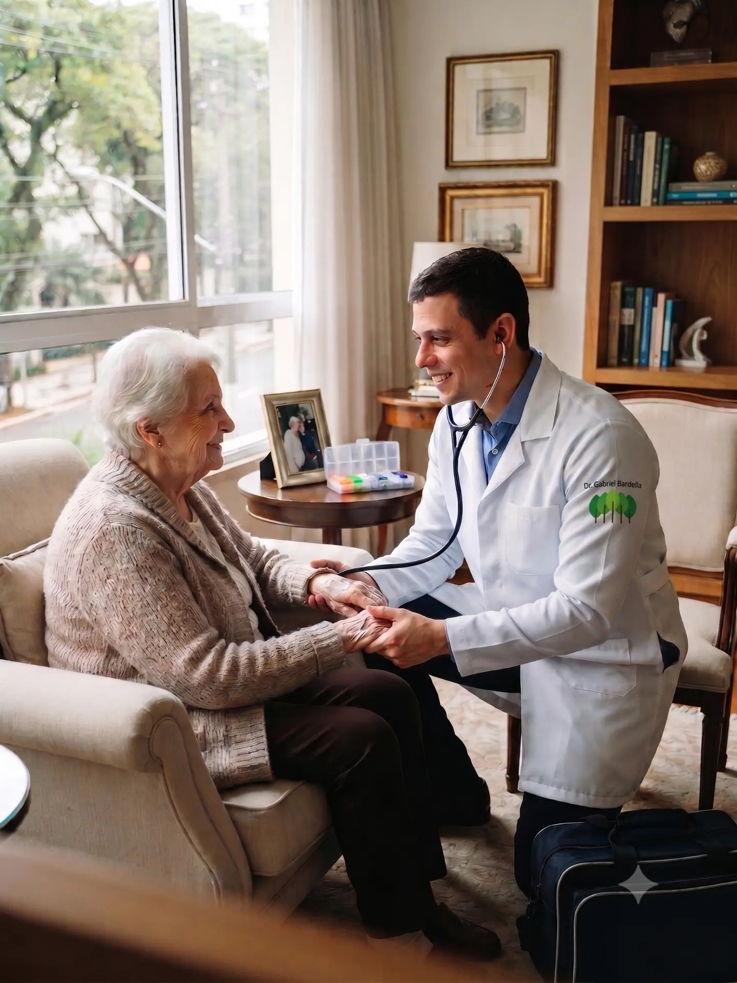 Dr. Gabriel Bardella, geriatra, em atendimento domiciliar a uma idosa em São Paulo